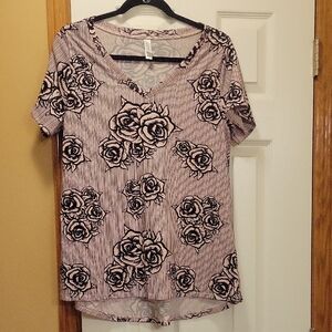 LuLaRoe Striped Floral V-Neck Top - Pink and Black
